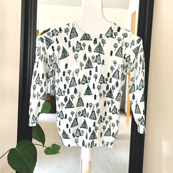 ModCloth Cozy Locales Novelty Cabin Tree Print Sweater - Picture 1 of 4
